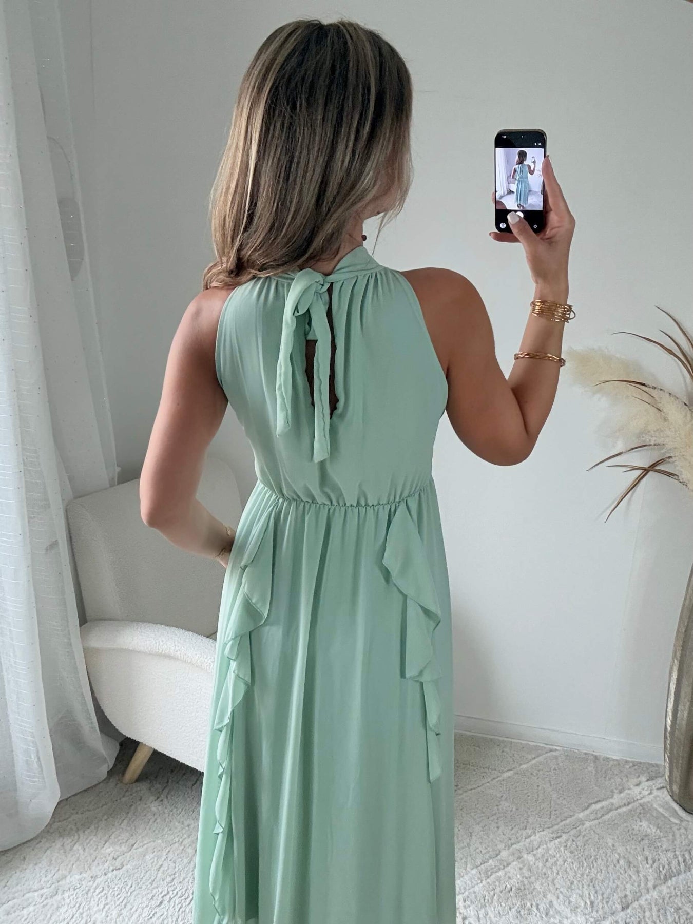 robe longue vert d'eau fluide col montant Ariana femme élégante Easy Dressing