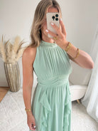 robe longue vert d'eau fluide col montant Ariana femme élégante Easy Dressing