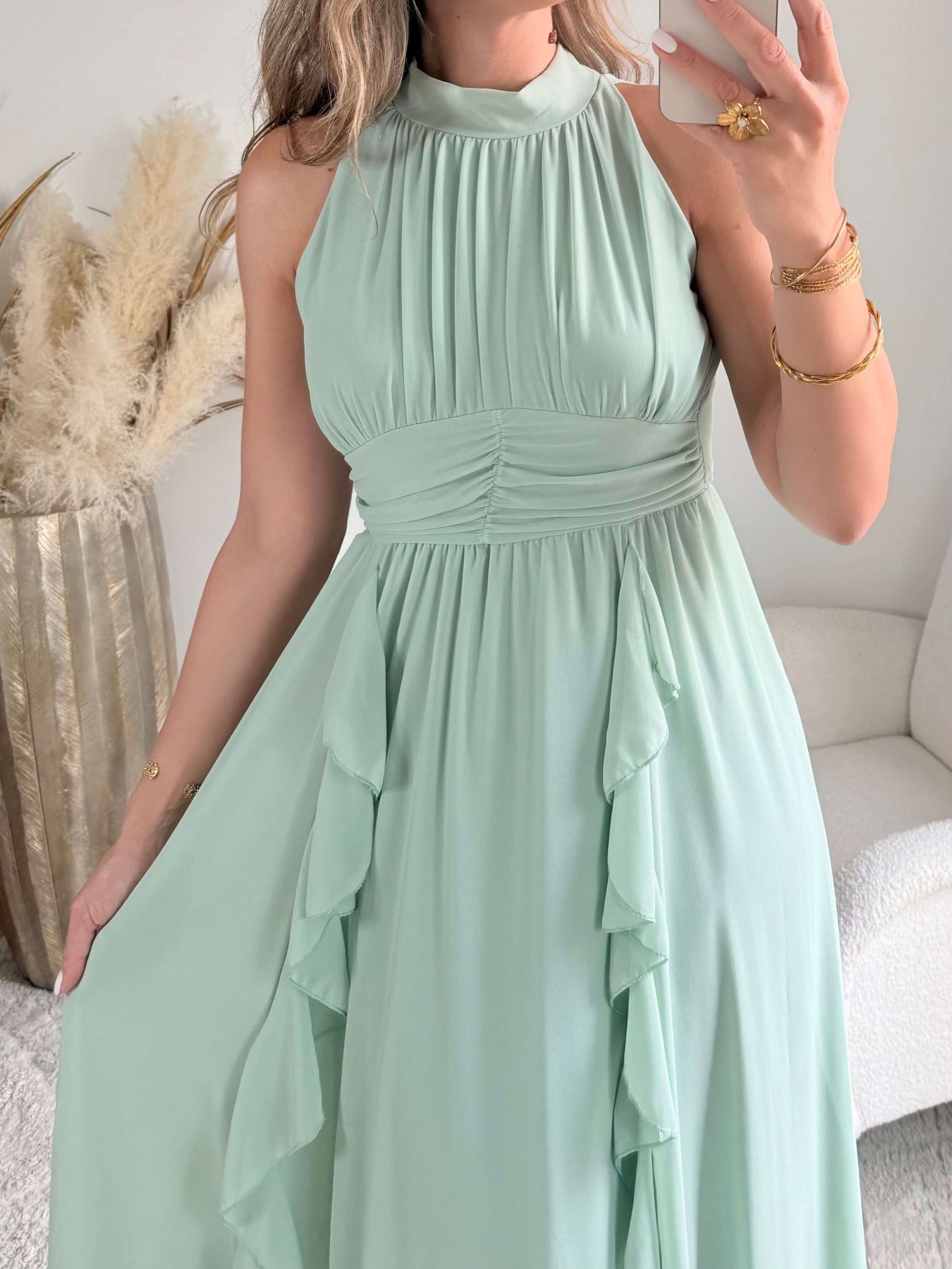 robe longue vert d'eau fluide col montant Ariana femme élégante Easy Dressing