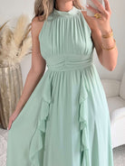 robe longue vert d'eau fluide col montant Ariana femme élégante Easy Dressing
