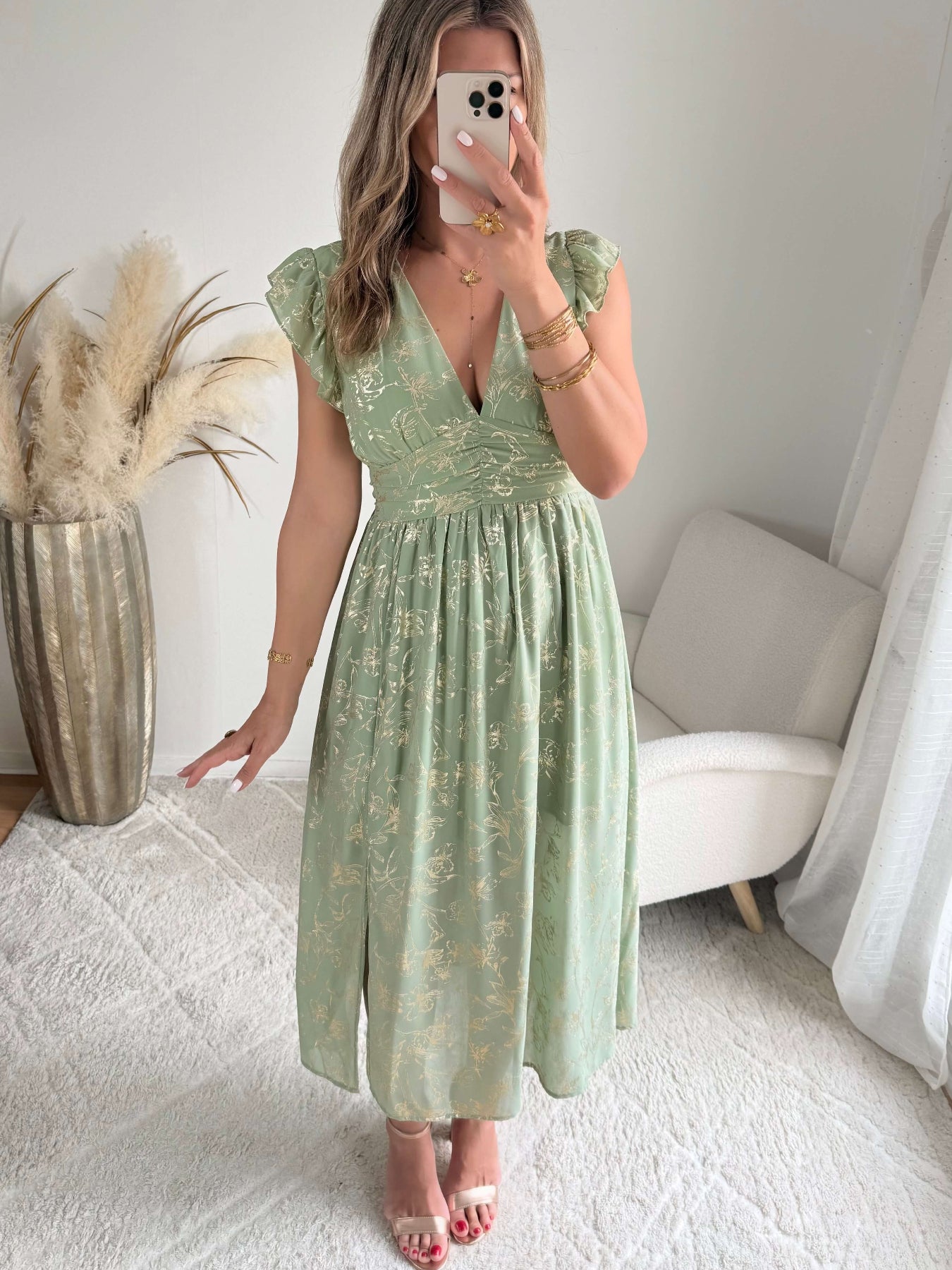 Robe vert sauge dorée Alice fluide fendue femme élégante Easy Dressing