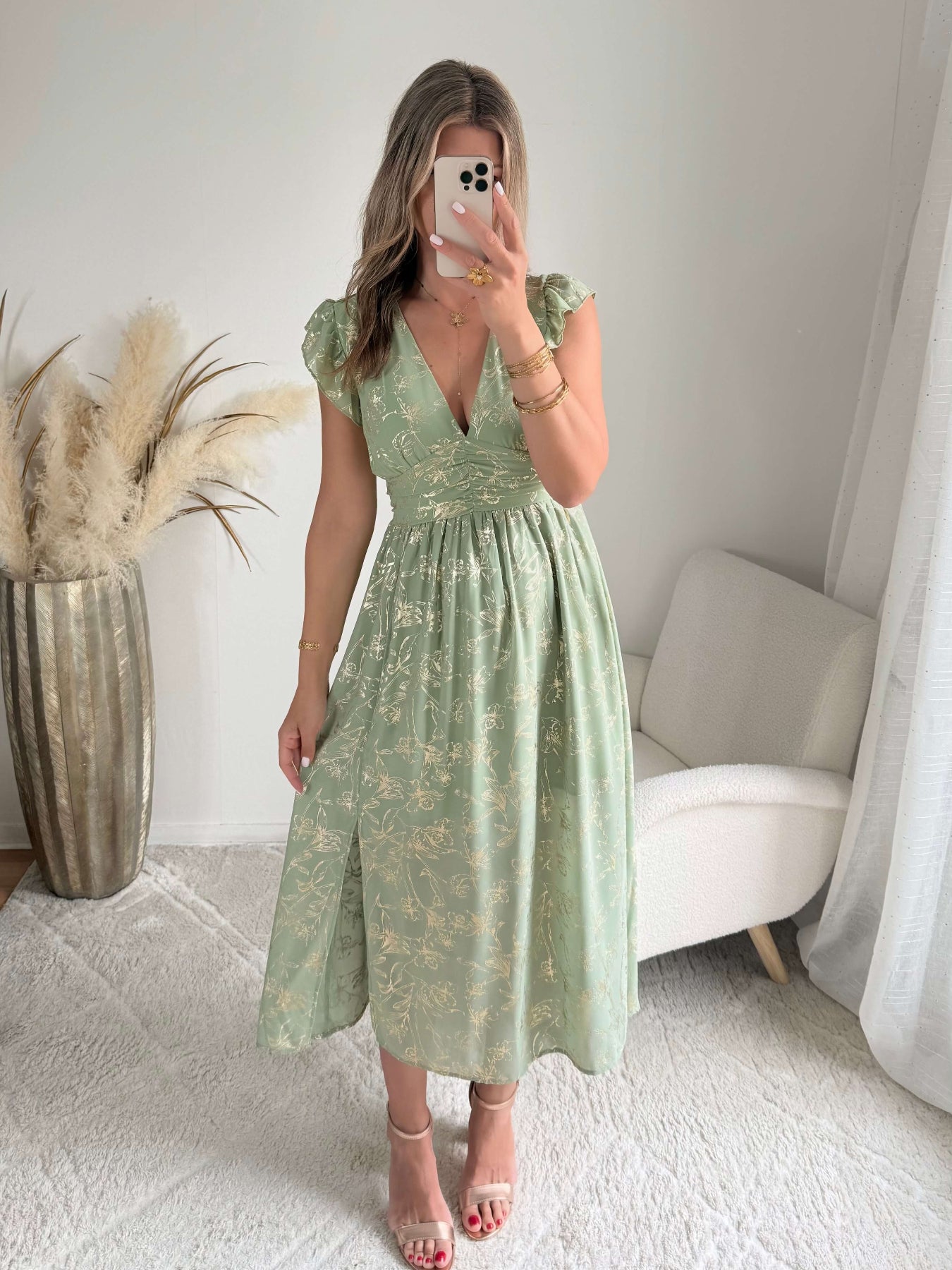 Robe vert sauge dorée Alice fluide fendue femme élégante Easy Dressing