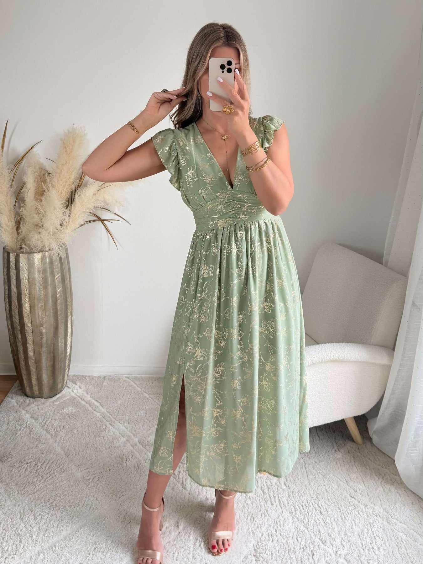 Robe vert sauge dorée Alice fluide fendue femme élégante Easy Dressing