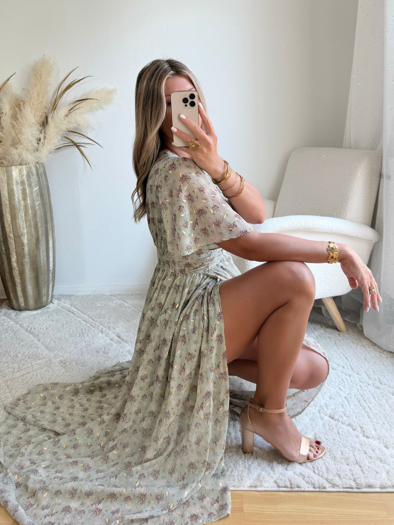 robe longue grande taille vert sauge dorée femme coupe portefeuille fluide élégante du S au 4XL Isadora