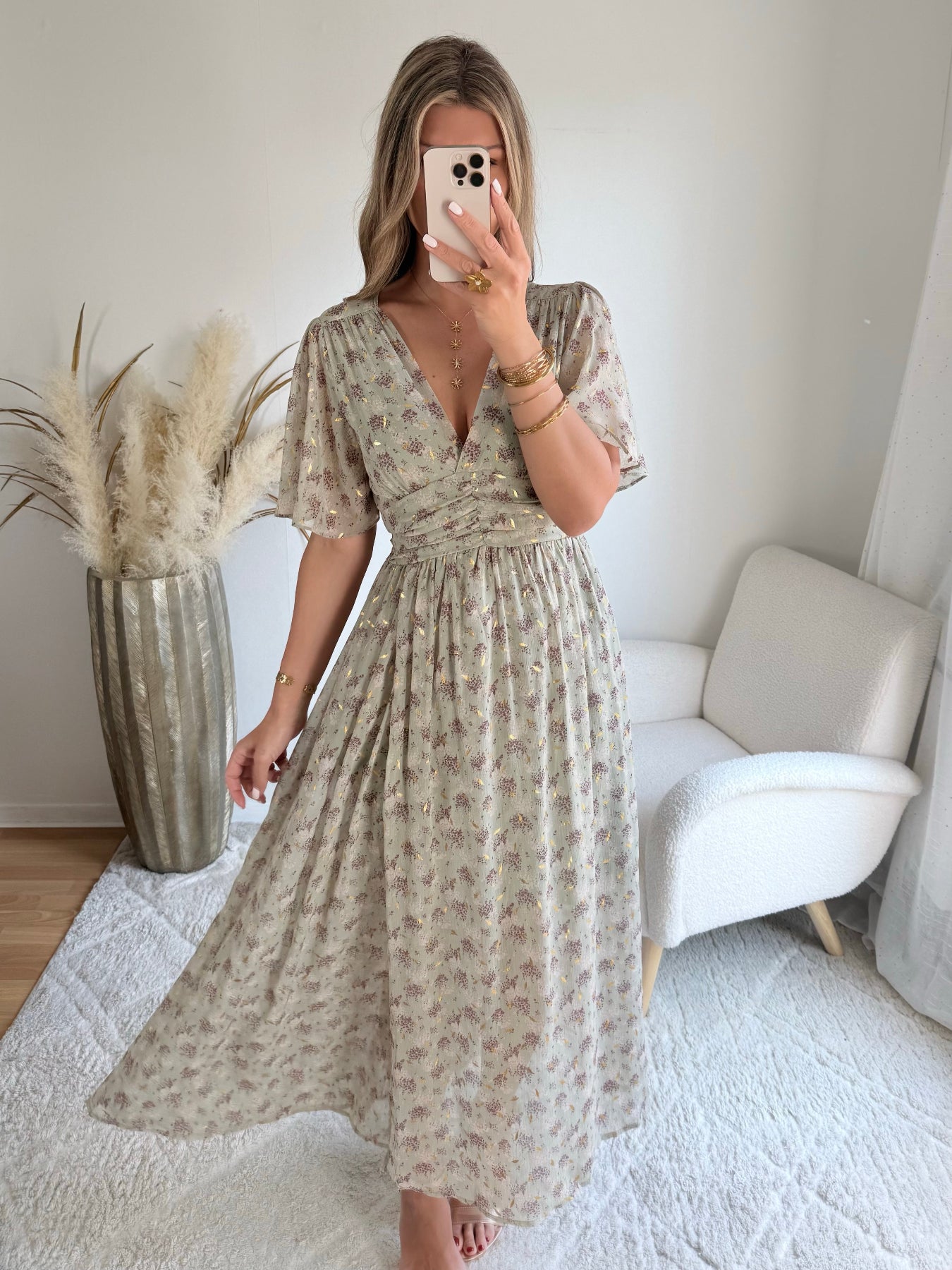 robe longue grande taille vert sauge dorée femme coupe portefeuille fluide élégante du S au 4XL Isadora