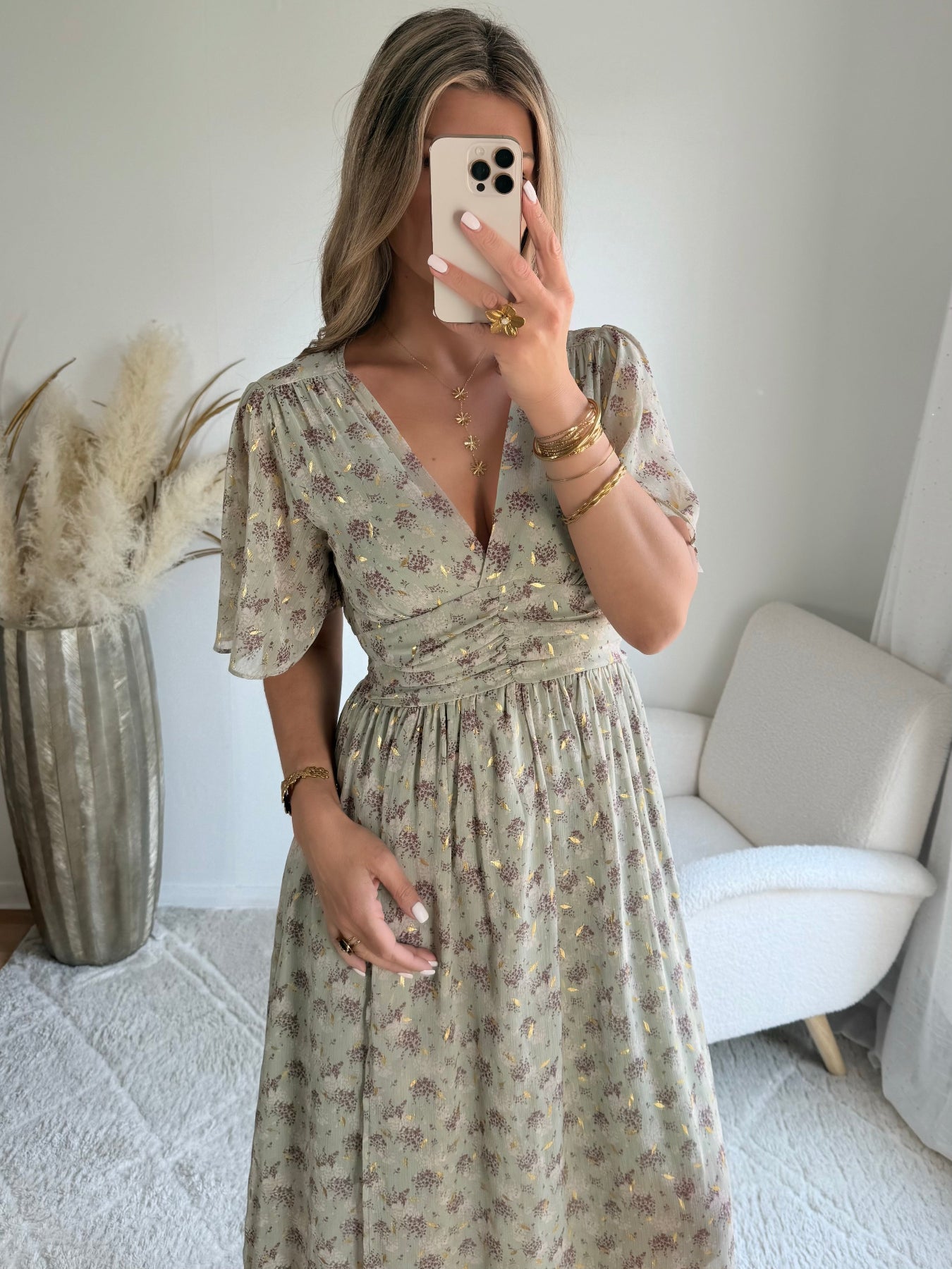 robe longue grande taille vert sauge dorée femme coupe portefeuille fluide élégante du S au 4XL Isadora