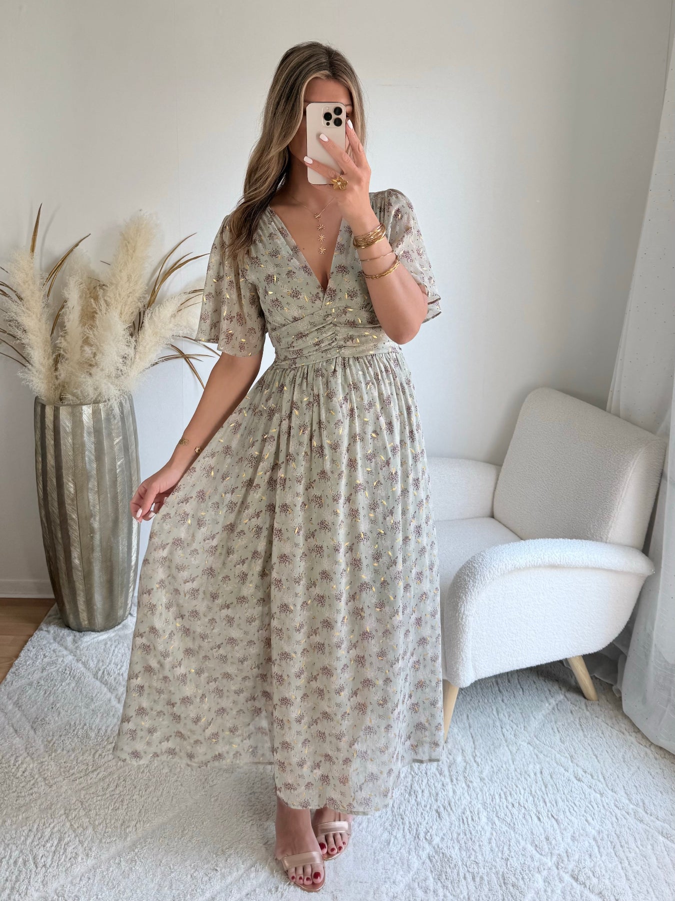 robe longue grande taille vert sauge dorée femme coupe portefeuille fluide élégante du S au 4XL Isadora