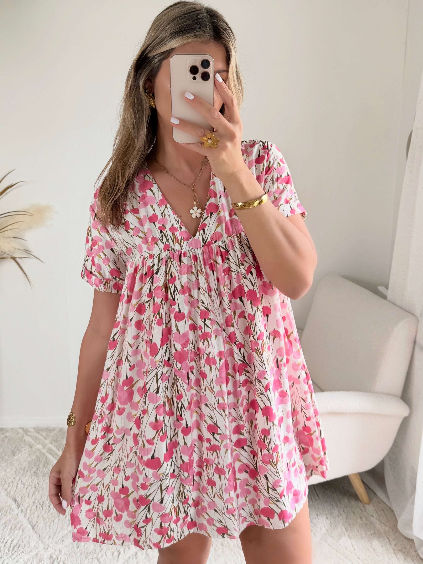 Robe à poches & short intégrés fleurs roses 36 au 50 - Easy Dressing