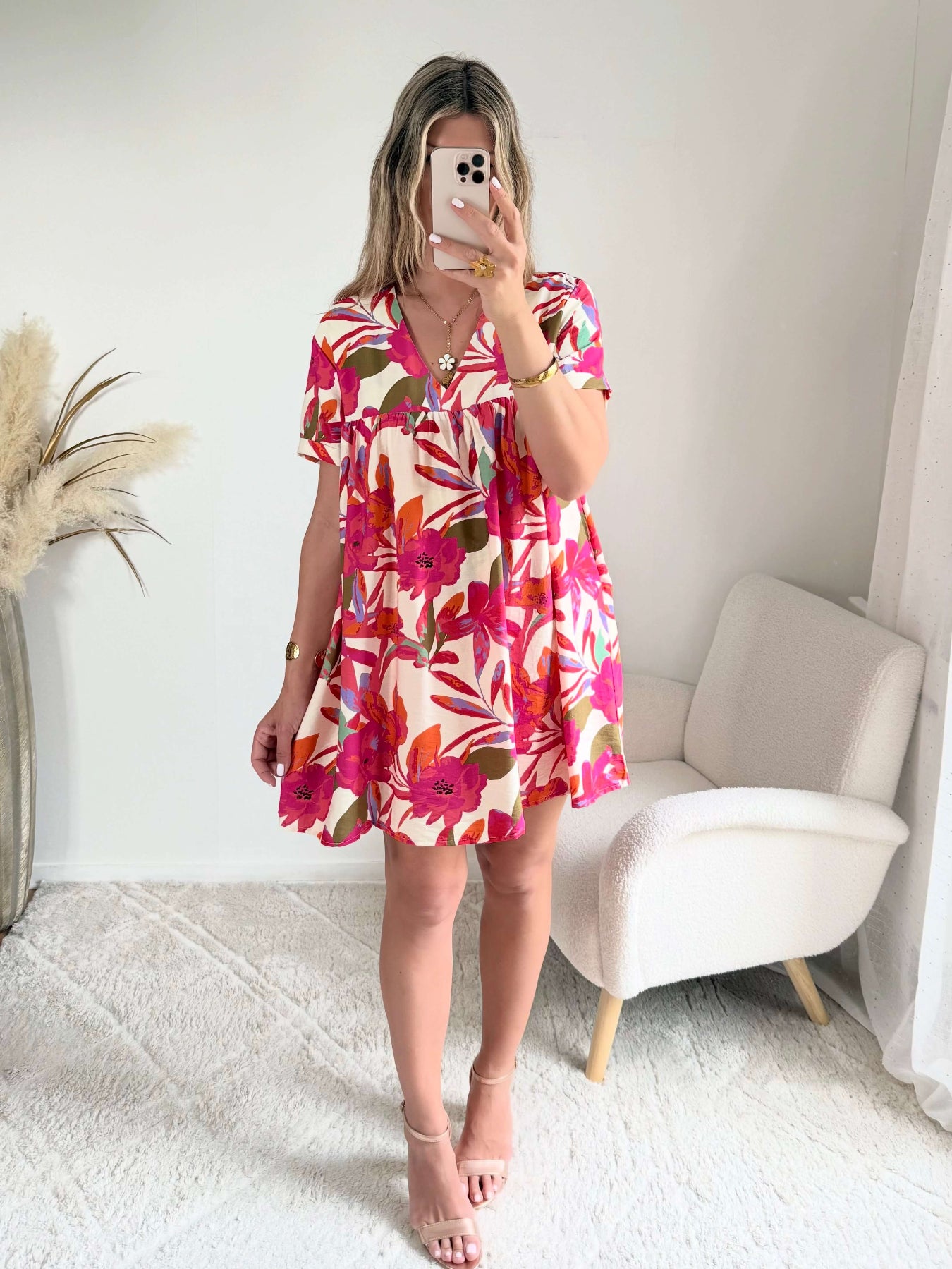 Robe à poches & short intégrés - imprimé fuchsia, coupe fluide et manches courtes