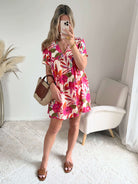 Robe à poches & short intégrés - imprimé fuchsia, coupe fluide et manches courtes