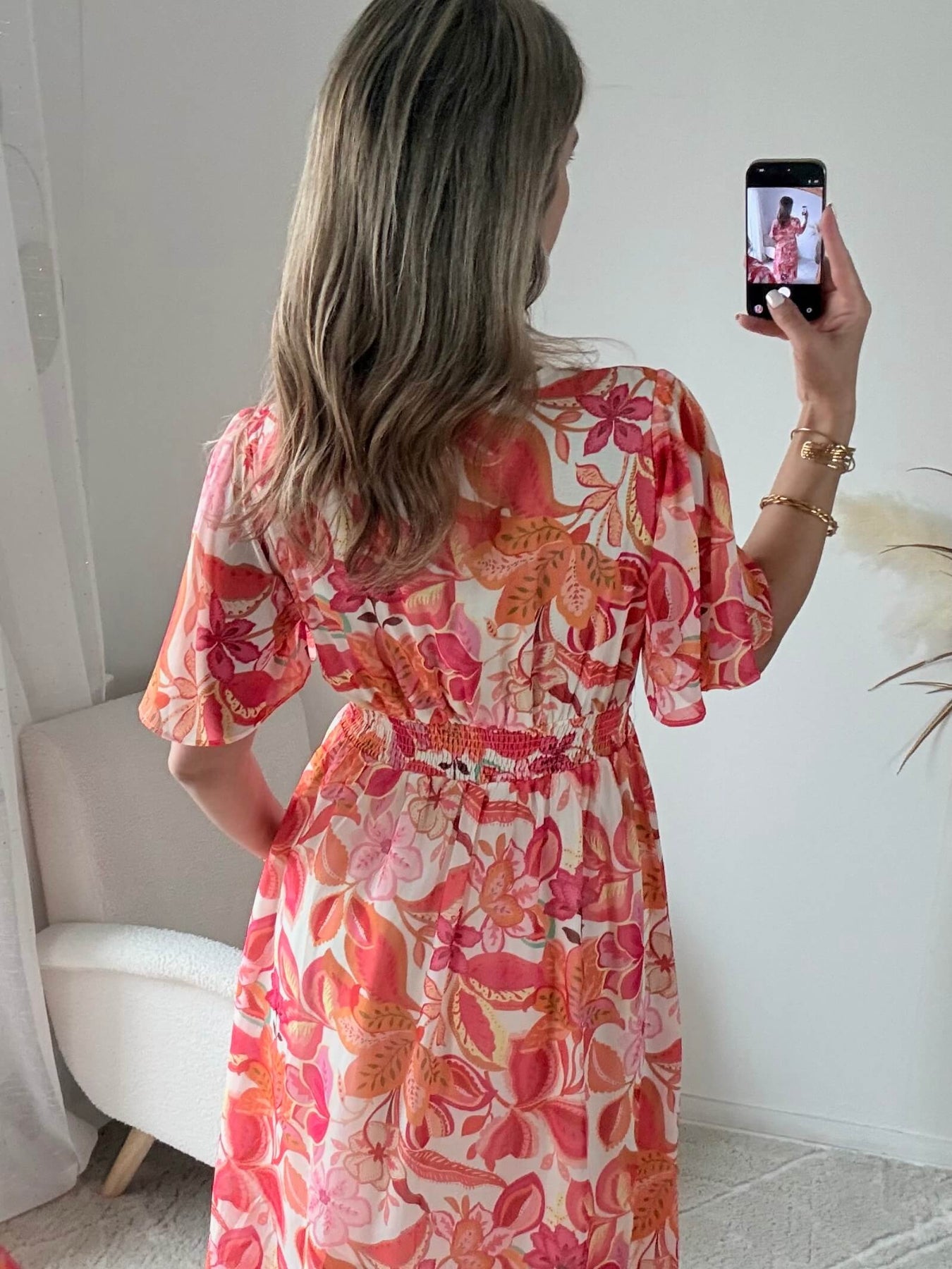 Robe longue fleurie corail Tina fluide fendue élégante Easy Dressing