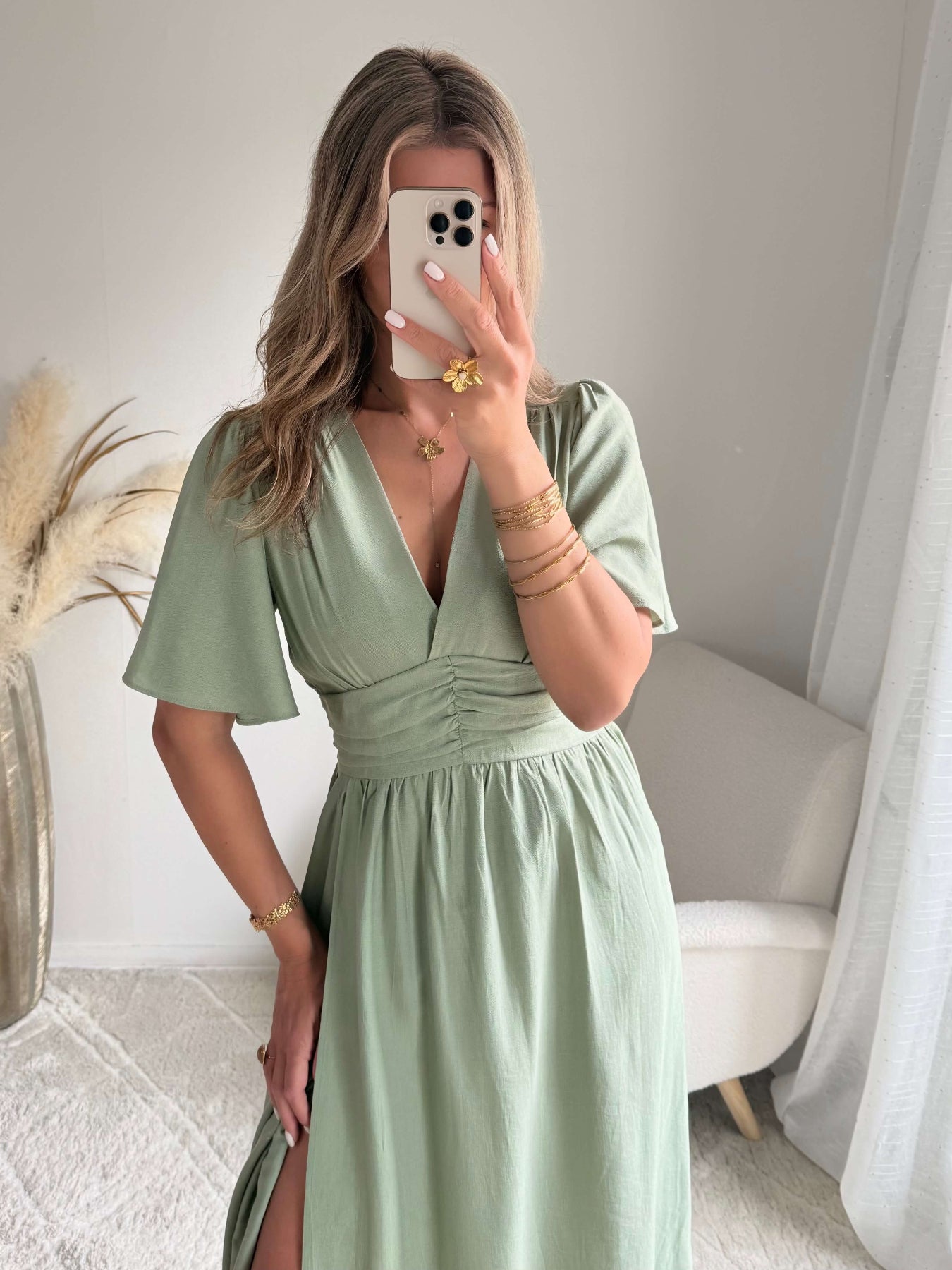 Robe Diana fendue longue vert sauge bohème chic du S au 4XL - Easy Dressing