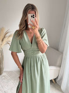 Robe Diana fendue longue vert sauge bohème chic du S au 4XL - Easy Dressing
