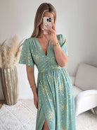 Robe longue vert sauge dorée Inès fluide du S au 4XL cérémonie