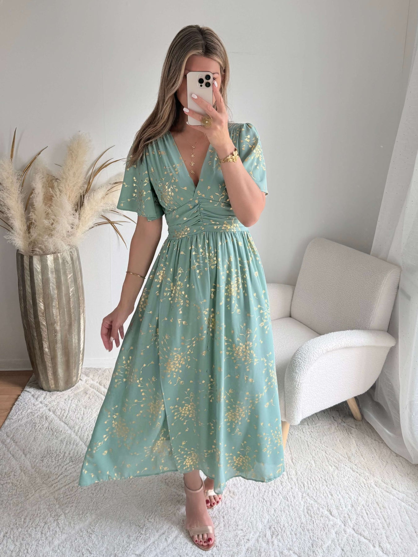 Robe longue vert sauge dorée Inès fluide du S au 4XL cérémonie