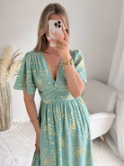 Robe longue vert sauge dorée Inès fluide du S au 4XL cérémonie