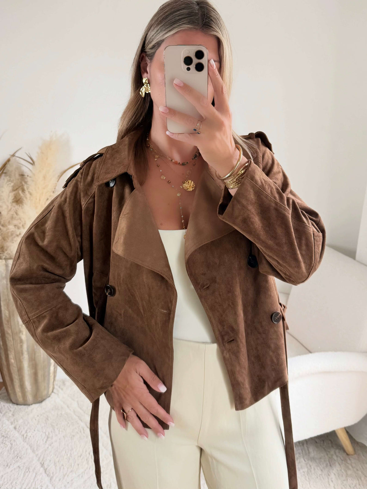 Veste marron effet daim ceinturée à la taille, disponible du S au 4XL