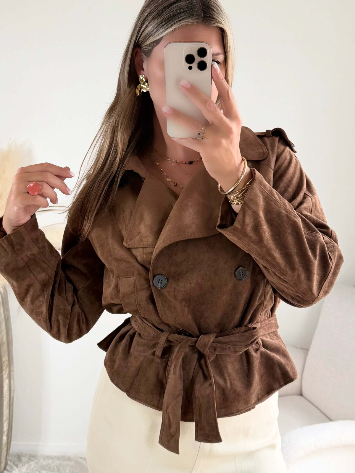 Veste marron effet daim ceinturée à la taille, disponible du S au 4XL