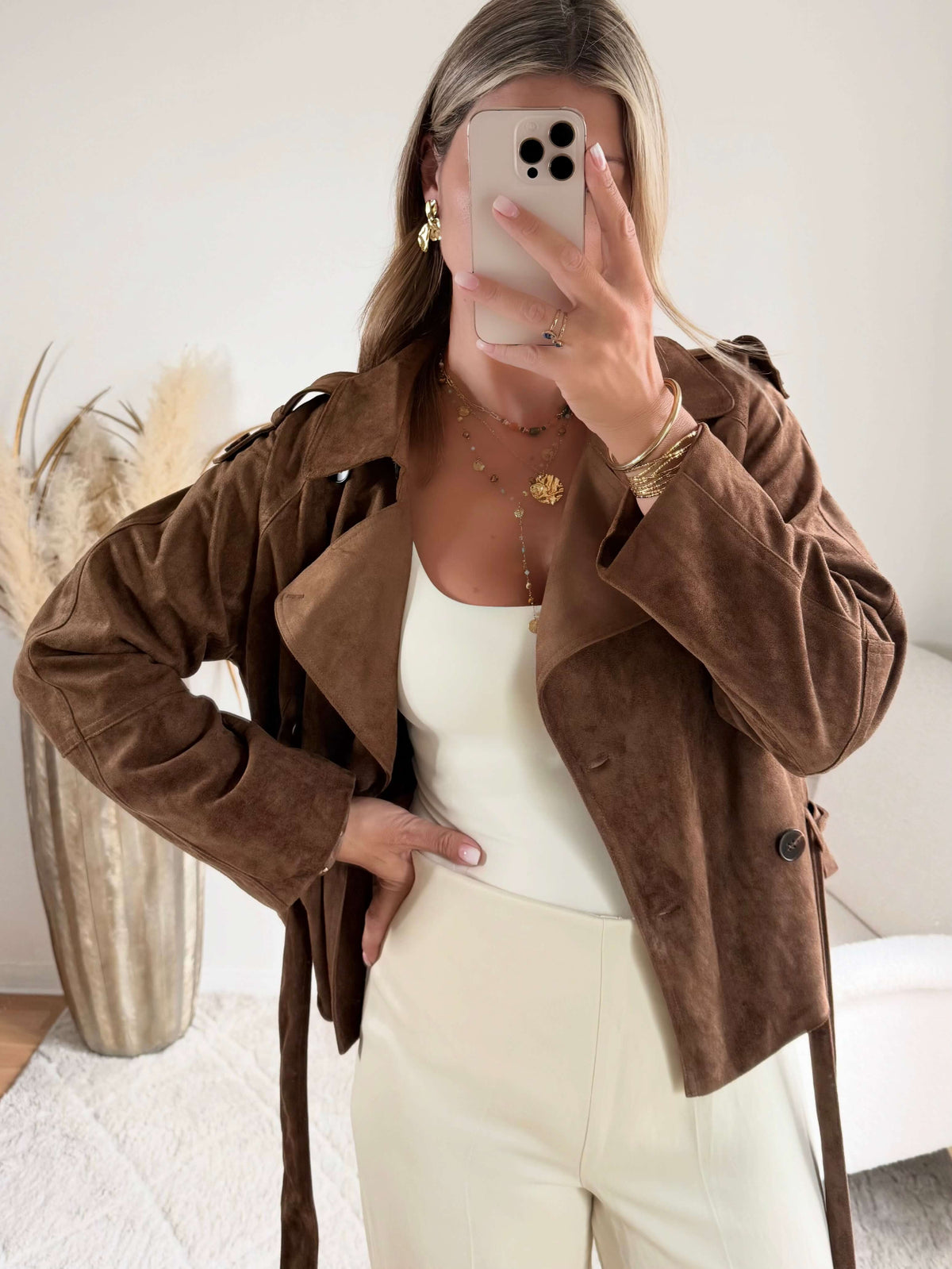 Veste marron effet daim ceinturée à la taille, disponible du S au 4XL