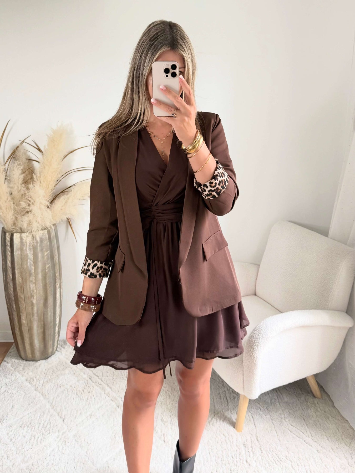 veste marron, une veste fluide au magnifique imprimé léopard.