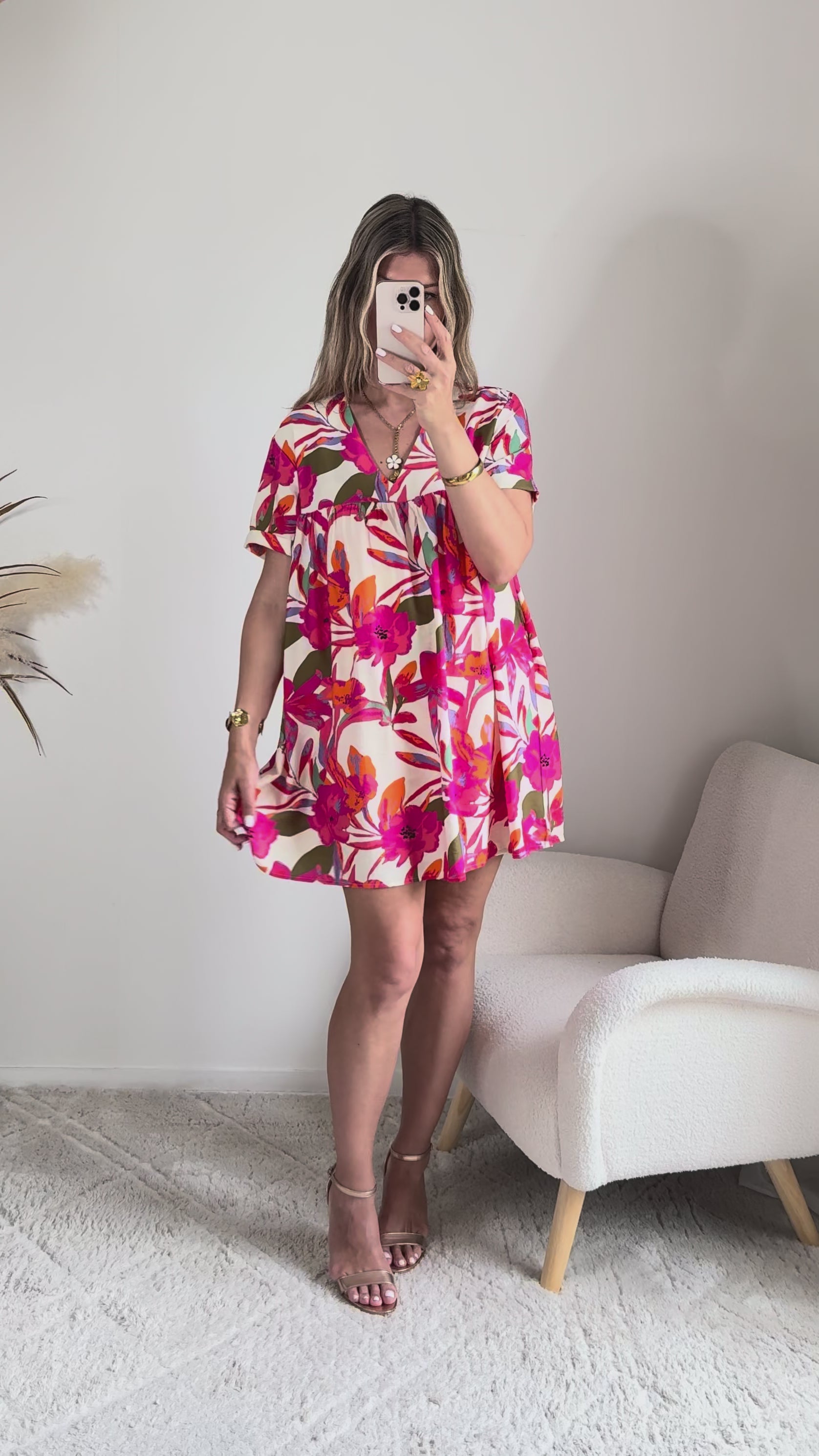 Robe à poches & short intégrés - imprimé fuchsia, coupe fluide et manches courtes