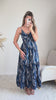 Robe Juliette bleu nuit imprimé cachemire blanc, longue et fluide, avec bretelles fines et décolleté en V