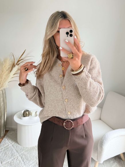 Cardigan taupe boutons bijoux – Gabi