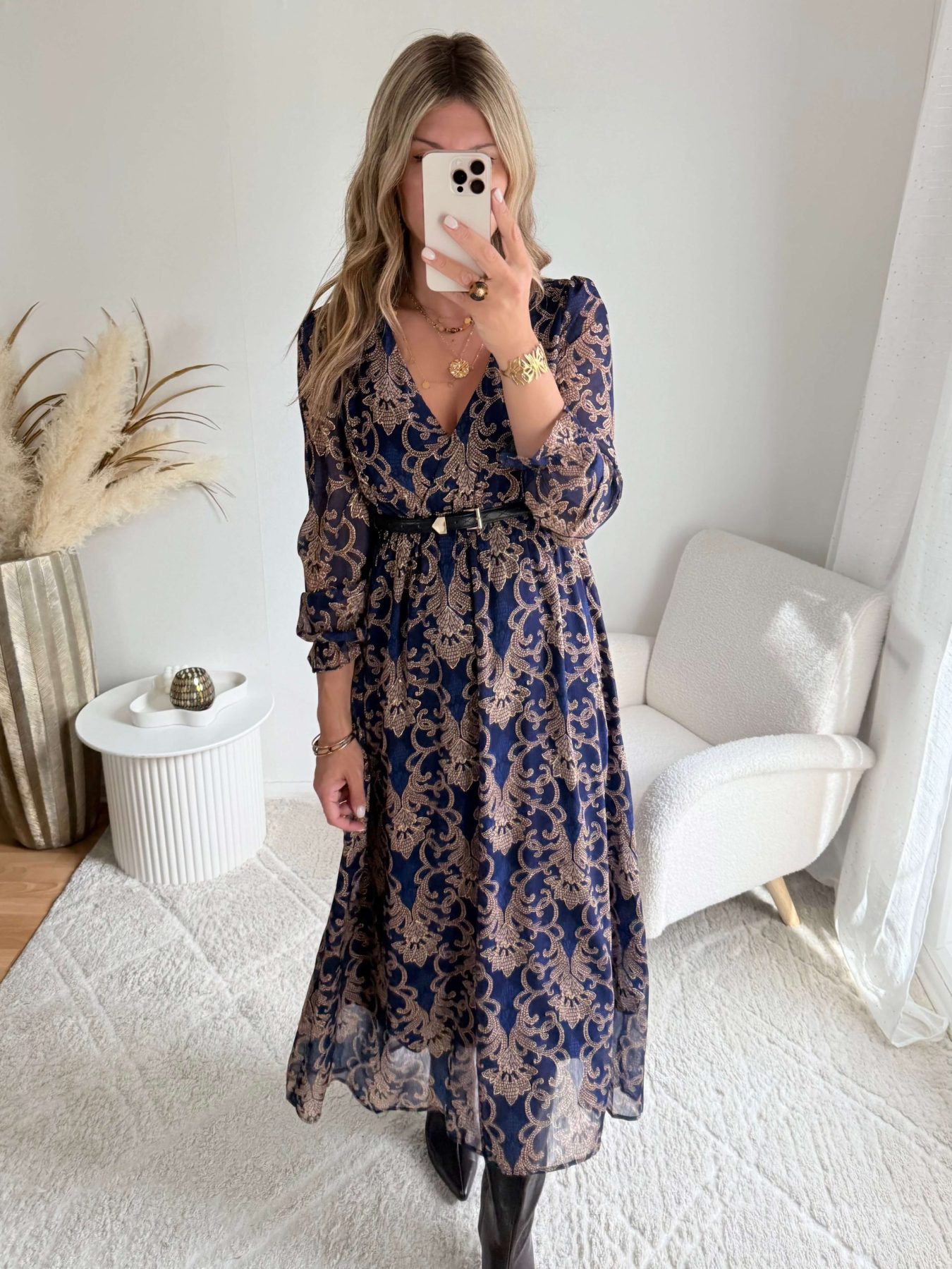 Robe longue bleue dorée - Bettina