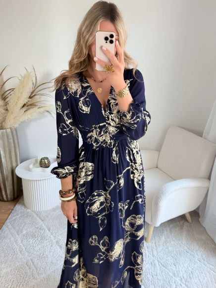 Robe longue bleue nuit dorée – Sarah